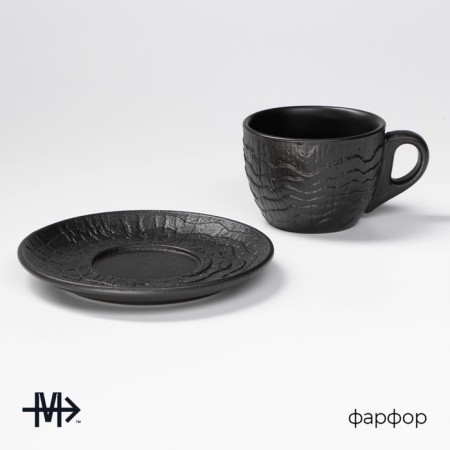 Чайная пара Magistro Black style, 2 предмета: чашка 200 мл, блюдце d=14,5 см, фарфор, цвет чёрный-1