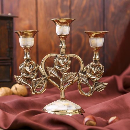 Brass Brass for 3 candles 16 cm pearl "rose in the heart"-1