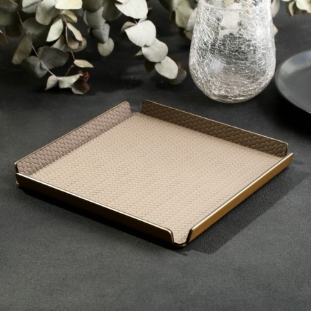 Metal tray, square eco -leather, 12 x 12 cm, brown color,-8