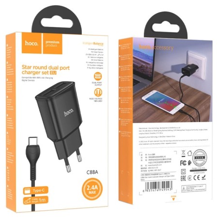 Network charger HOCO C88A, 2 USB, 2.4 A, Type -C - USB, 1 m, black cable-2