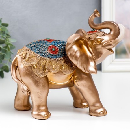 Souvenir Polystone "Golden Elephant in Blue Popone with Tasses" MIX 20x10.5x22 cm-1