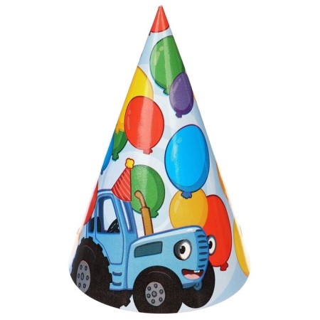 Set of paper caps, 6 people "Happy Birthday", blue tractor-7