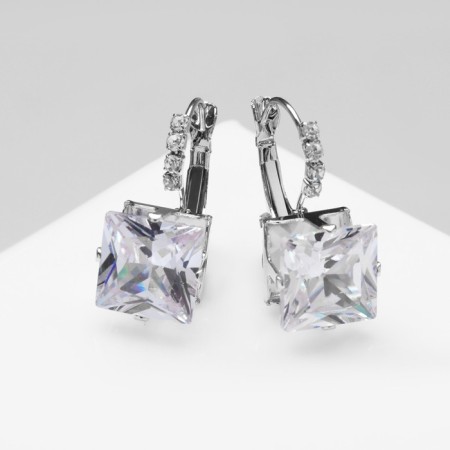 Earrings "Zirconium" mini, square, white color in silver