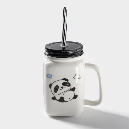 Ceramic mug with a metal lid and panda tube, 420 ml, MIX drawing-5