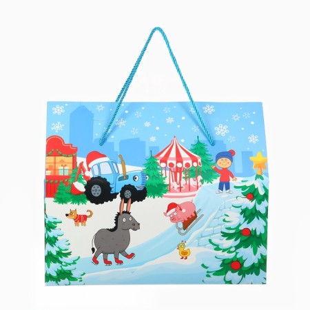 Package-Korobok, New Year's "Fun New Year!", 37 x 33 x 20 cm, blue tractor-3