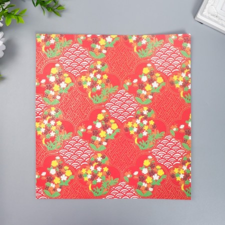 1-sided paper with gold embossing "Flowers on red" density 80 g 24.5x23 cm-2