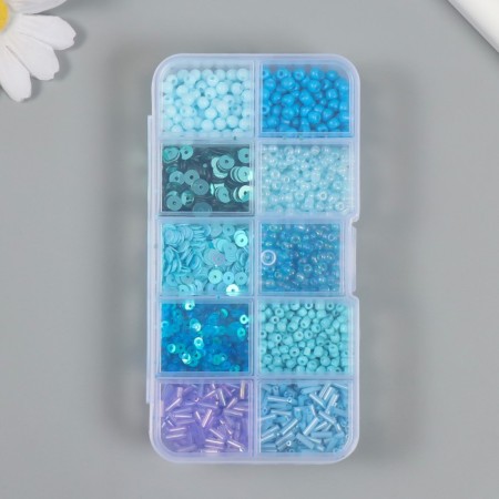 Glass beads 6/0, 12/0 in the box "Blue" glass and sequins 12.5x6.5x2 cm-3
