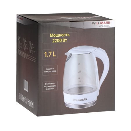 Electric kettle Willmark WEK-1708G, glass, 1.7 l, 2200 watts, led-lighting, white-7