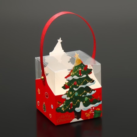 New Year. Box a gift New Year's folding PVC with handles, "Funned Christmas tree", 9 x 9 x 9.5 cm.-1