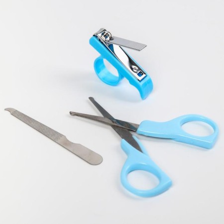 A child care set, 5 items: brush, comb, safe scissors, files and nail tongs, blue color-3