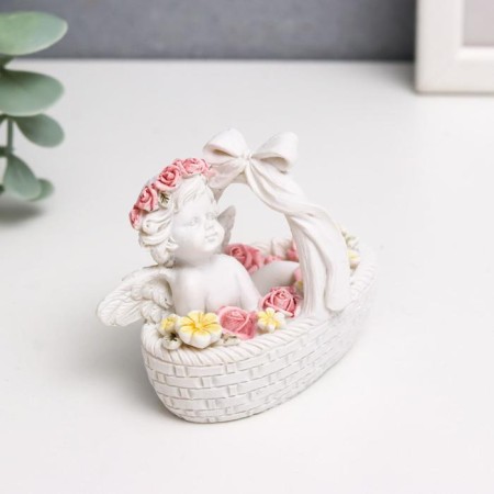 Polystone souvenir "Snowty angel in a pink wreath, in a basket with flowers" 6.5x8x5 cm-1