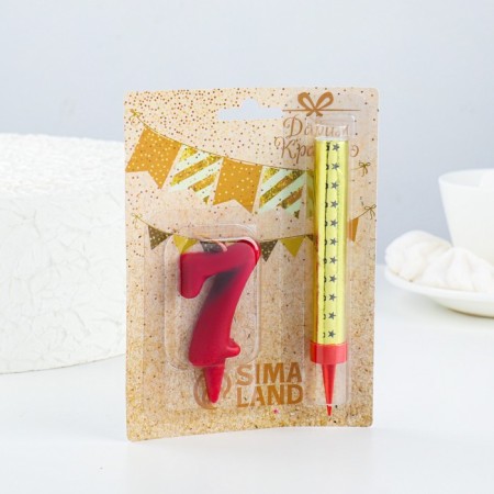 Candle for cake the number "Oval" Red "7" + Fountain-1