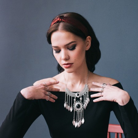 Necklace "openwork feathers" circle, black color in black silver, 35 cm-2