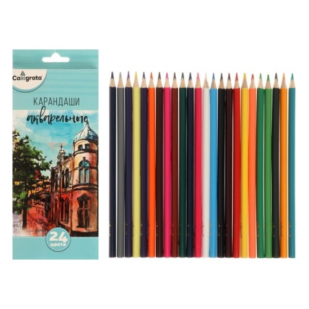 Pencils of watercolor 24 colors, sharpened, in a cardboard box-4
