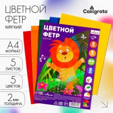 Color felt set, thick-2 mm, A4 format, soft, 5 sheets, 5 colors, bright colors