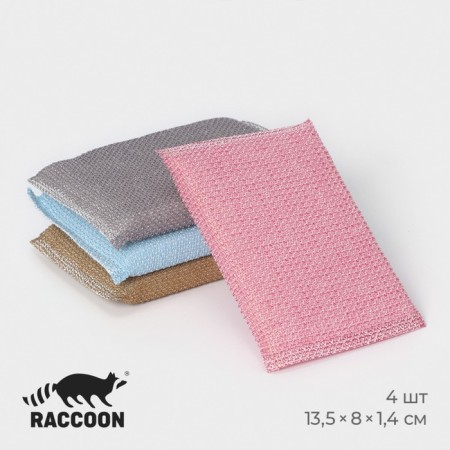 Set of scraper sponge with plastic thread Raccoon, 4 pcs, 13.5 × 8 × 1.4 cm, color mix