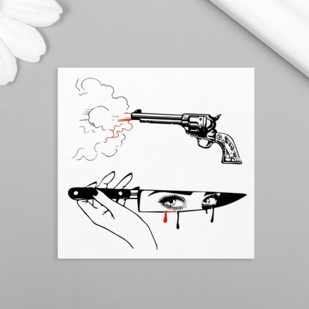 Black-red tattoo on the body "knife and gun" 6x6 cm