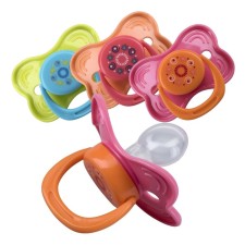 Nipple-dummy Silicone classic “patterns”, with a ring, from 0 months, color mix