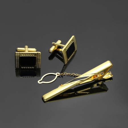 Set of men's “cufflink + clamp 6 cm for a tie” point pattern, rectangle, black color in gold-2