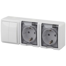 Блок две розетки+выключатель двойной IP54, 16A(10AX)-250В, ОУ, Эра Эксперт, белый (5/