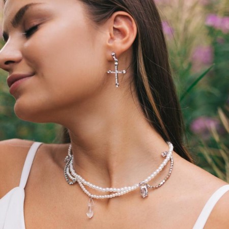 Earrings with rhinestones “crosses” inserts, white color in silver-3