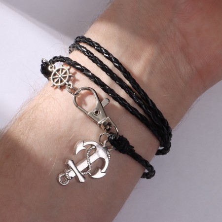 Unisex Bracelet "Gravity" helm and anchor, black color with silver, 77 cm-2