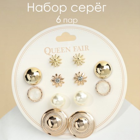 Pusets 6 pairs "pearl" planets and flowers, white color in gold