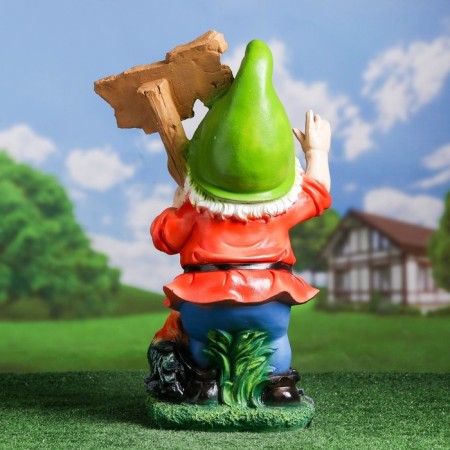 Garden figure "Dwarf with a Welcome sign with a rooster" 36x23x61cm-2