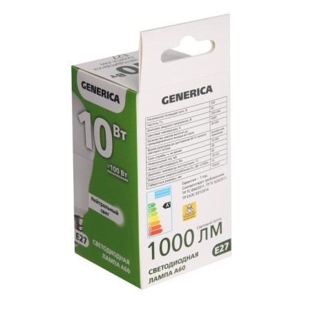 LED LED Generica A60, 10 W, pear, 4000 K, E27, 230 V, LL-A60-10-230-40-E27-G-1