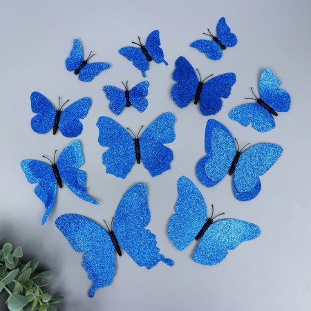 Magnet Plastic "Butterflies Double Wings - Shine" Blue Set 12 pcs