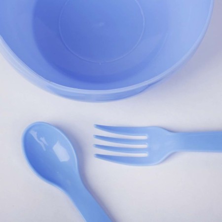 A set of children's dishes, 3 objects: a bowl 250 ml, a spoon, fork, from 5 months., Mix colors-8