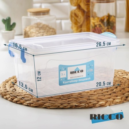 Food container Ricco, 3 l, 28 × 16 × 12 cm, rectangular, the color is transparent, blue