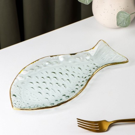 Glass serving dish "Fish", 13 × 24 cm, with a golden border-1