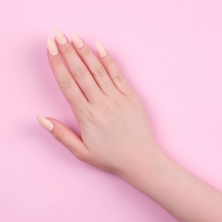 Falbled nails, 24 pcs, with adhesive plates, form of almonds, matte/holography, beige color-11