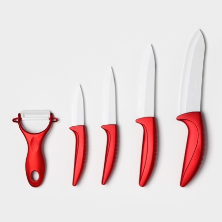 Kitchen kit on the stand “bend”, 5 objects: 4 knife, blade 7.5 cm, 10 cm, 13 cm, 15 cm, vegetable cleaning, red color-2