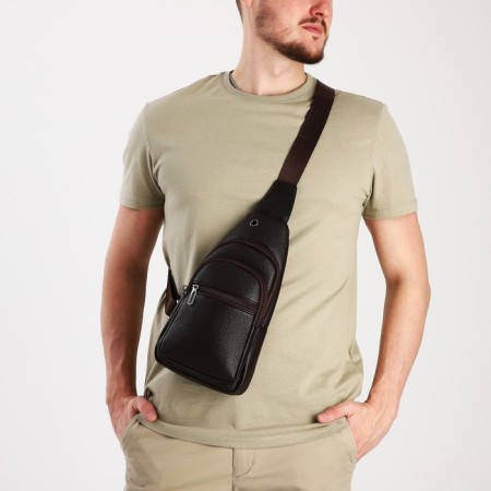 Male sling bag, artificial leather, headphone opening, brown color-7
