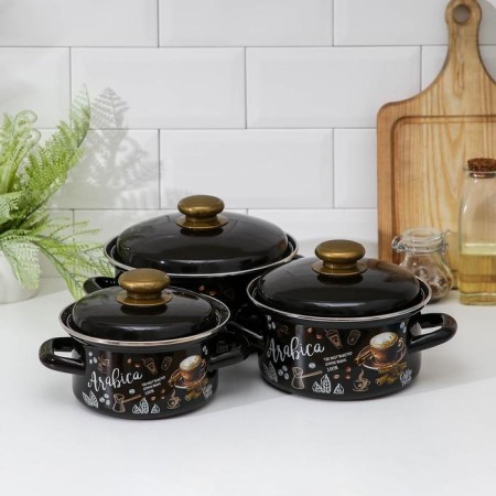 Set of pan “Arabica-1”: 3 subjects: 1 l, 1.5 l, 2.3 l, enameled covers, induction