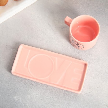 Tea couple ceramic "March 8", mug 150 ml, saucer 17.5x8 cm, pink color-5