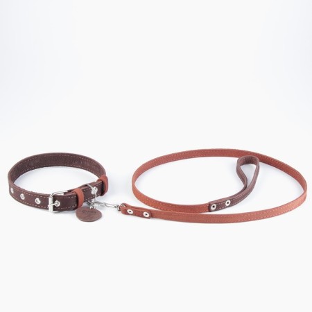 Set: collar (36-56x2.5 cm) and leash (130x1.5 cm), brown and cognac-4