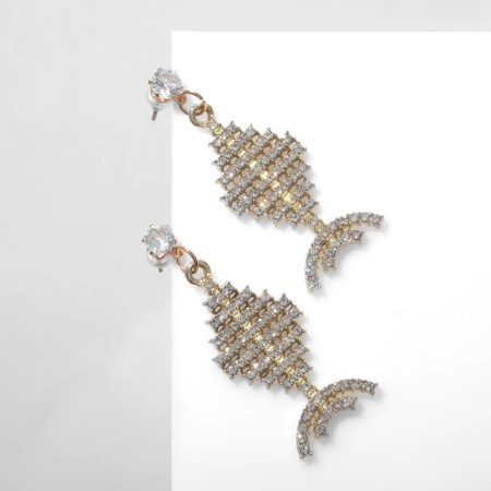 Earrings with rhinestones "fish" miniature, white color in gold-1
