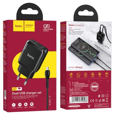 The network charger Hoco N7, 2 USB - 2.1 A, MicroUSB 1 m cable, black-8