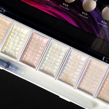 Watercolor paints, mother -of -pearl, + brush, in a plastic box, 8 colors-8