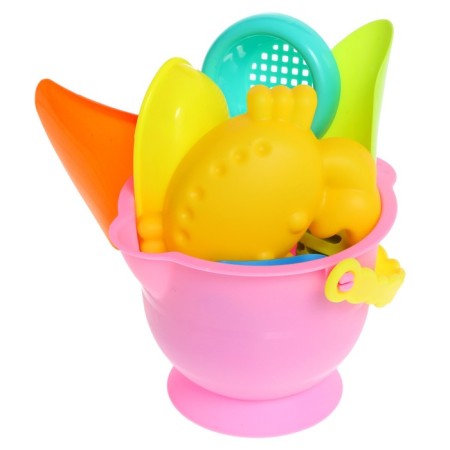 Sanding set in the grid: bucket, shovel, sieve, boat, 2 molds, mix-8