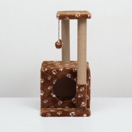 Cat house with a claw, two -story, with windows, 50x36x75 cm, brown with paws-1