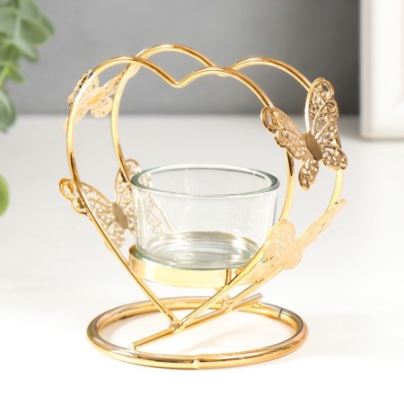 Summary metal, glass for 1 candle "Heart with butterflies" d-4 cm gold 7.5x10x10 cm-3