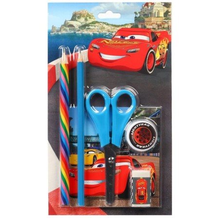 Office set, notebook, sharpener, eraser, pencil, scissors, cars-1