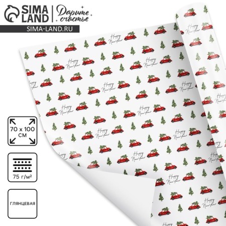 Paper packaging glossy “car with a Christmas tree”, 70 x 100 cm, new year