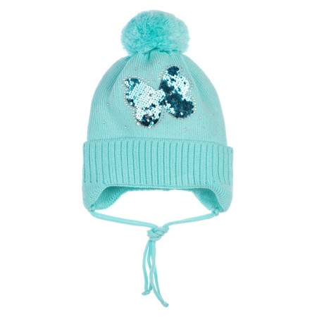 Knitted hat with pompom for a girl, size 50