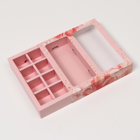 Box for 8 sweets + chocolate, with a window, pink flowers, 17.7 x 17.85 x 3.85 cm-2