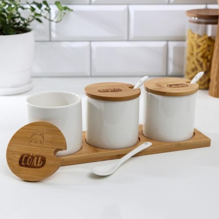A set of ceramic cans for storage on a wooden stand “Kitty”, 3 pcs, 250 ml, white color-1